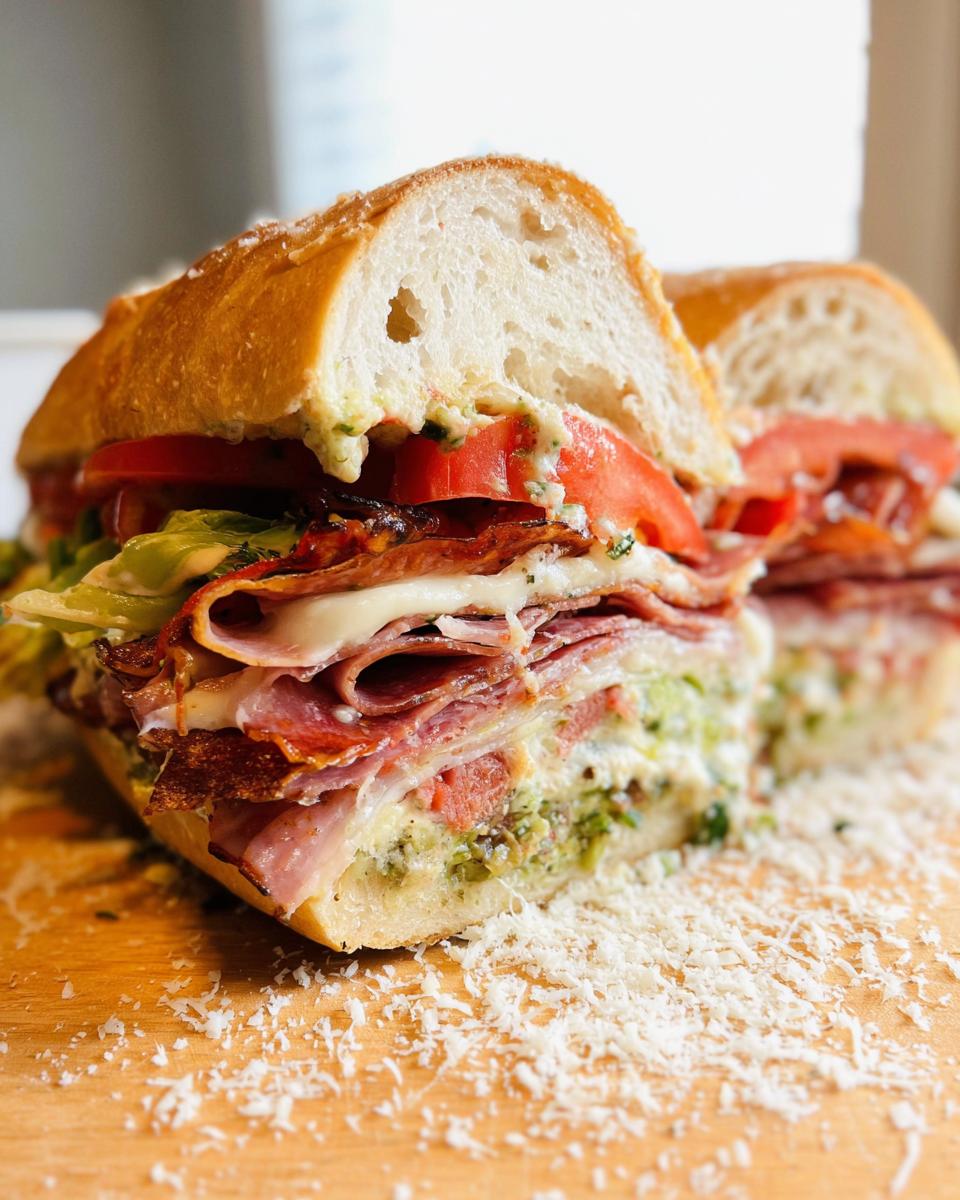 A close-up of a delicious Italian Grinder Salad Sandwich, packed with layers of meats, cheese, lettuce, and tomato.