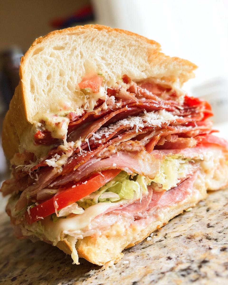 A close-up of a loaded Italian Grinder Salad Sandwich with layers of meat, cheese, lettuce, and tomato.