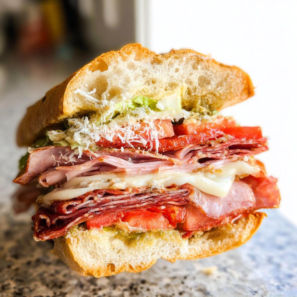 A loaded Italian Grinder Salad Sandwich with layers of meats, cheese, tomatoes, lettuce, and dressing on a crusty roll.