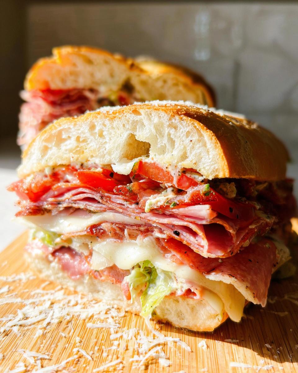 A close-up of a hearty Italian Grinder Salad Sandwich overflowing with meats, cheese, lettuce, and tomatoes on a wooden board.