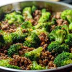 Close-up of a Keto Hamburger Broccoli Skillet, showing seasoned ground beef mixed with bright green broccoli florets.