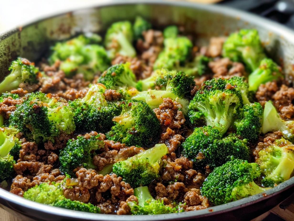 Close-up of a Keto Hamburger Broccoli Skillet, showing seasoned ground beef mixed with bright green broccoli florets.