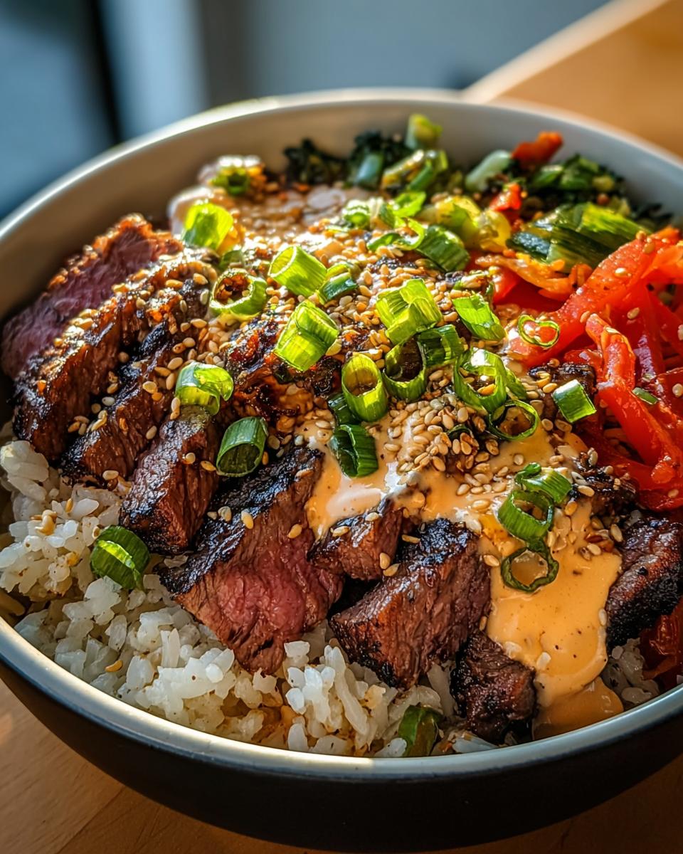 Close-up of Korean BBQ Steak Rice Bowls with tender steak slices, rice, spicy cream sauce, sesame seeds, and green onions.