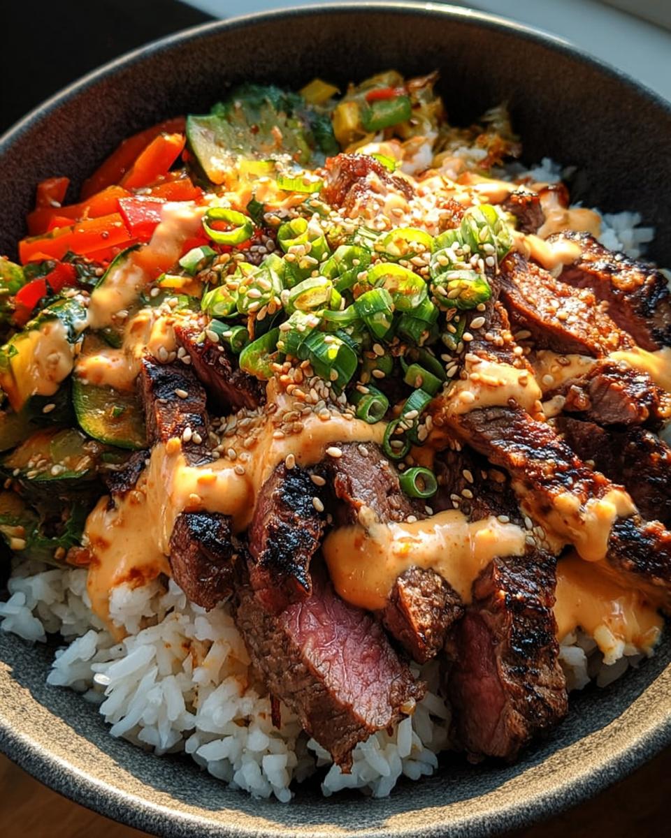 Close-up of Korean BBQ Steak Rice Bowls topped with spicy cream sauce, scallions, and sesame seeds.