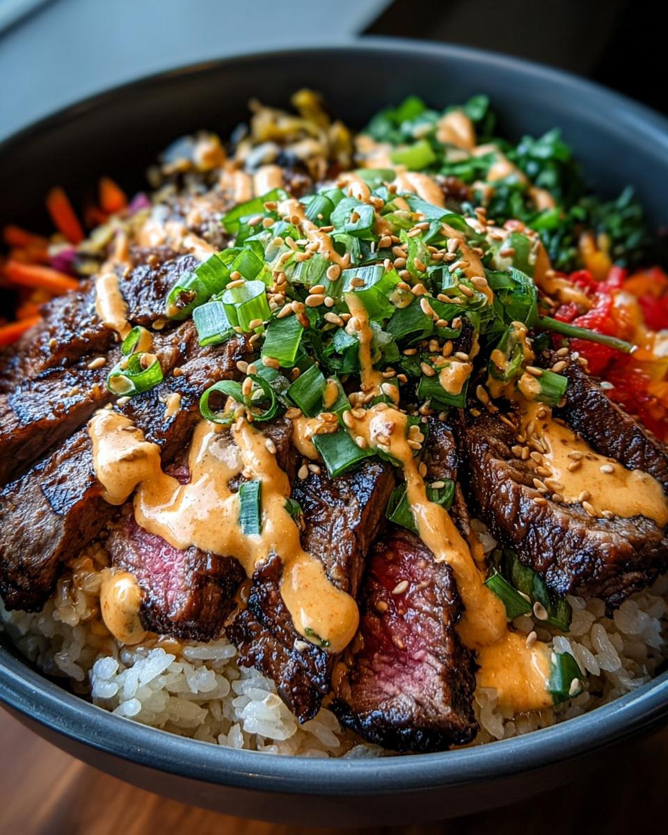 Close-up of Korean BBQ Steak Rice Bowls topped with a drizzle of spicy cream sauce, green onions, and sesame seeds.