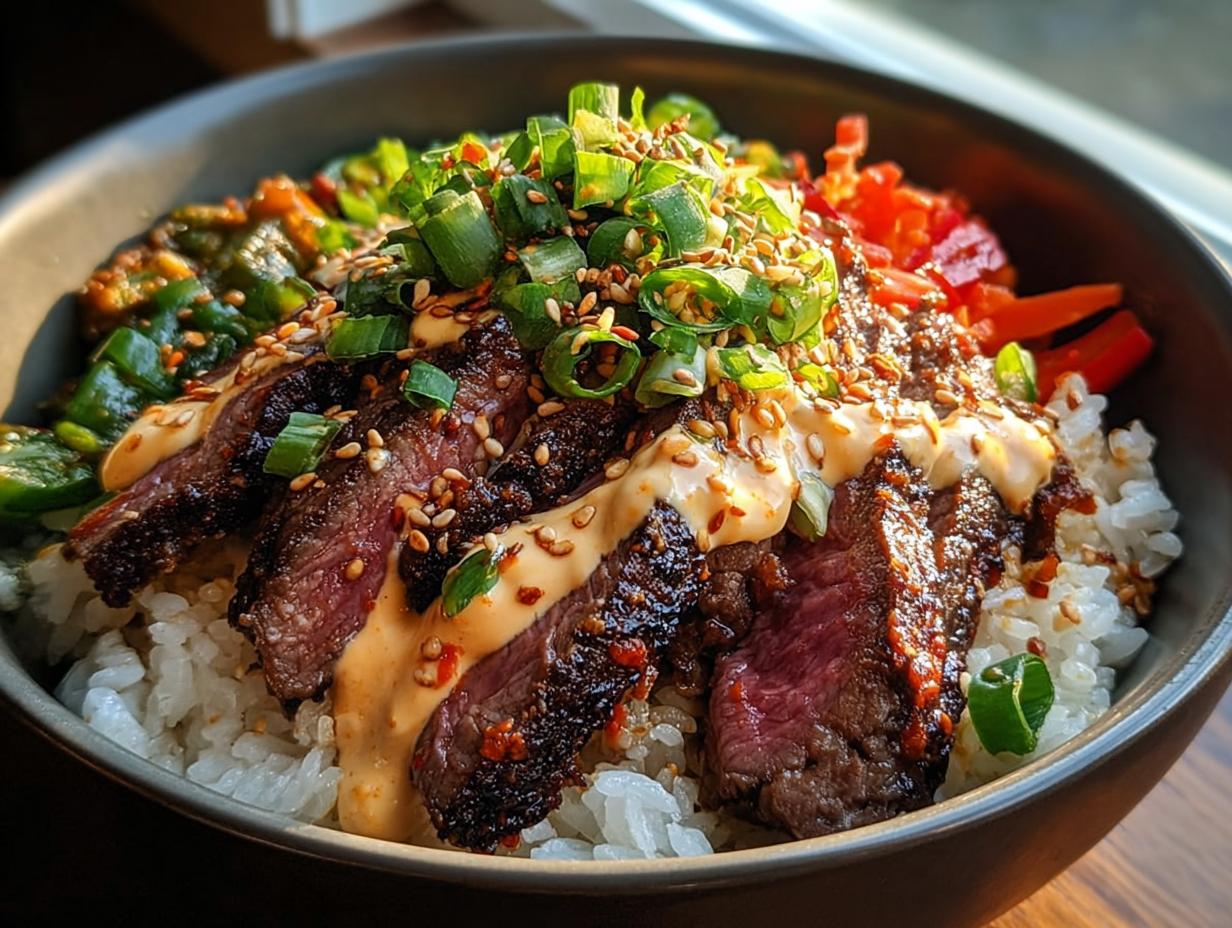 A close-up of Korean BBQ Steak Rice Bowls topped with spicy cream sauce, scallions, and sesame seeds.