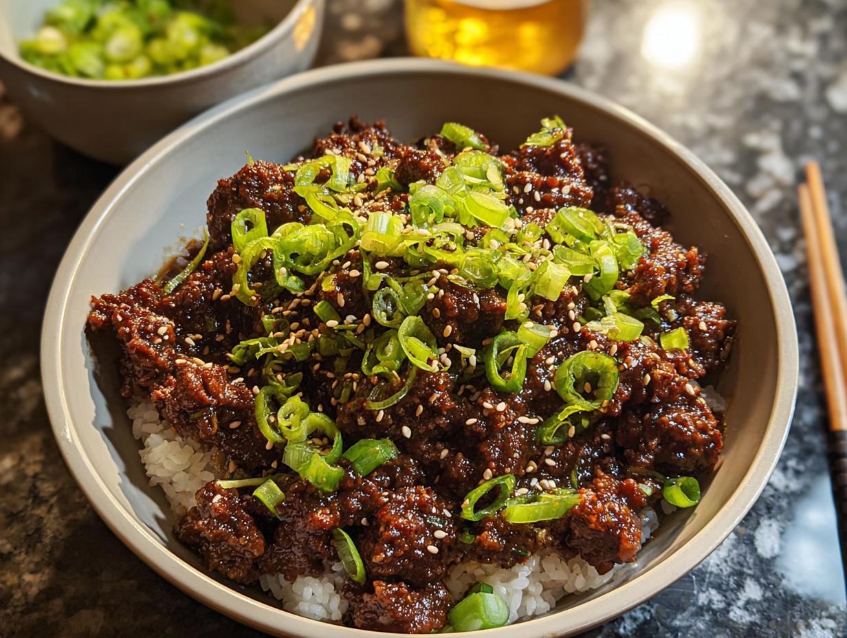 A close-up of a Korean Ground Beef Bowl with white rice, topped with savory ground beef and fresh green onions and sesame seeds.