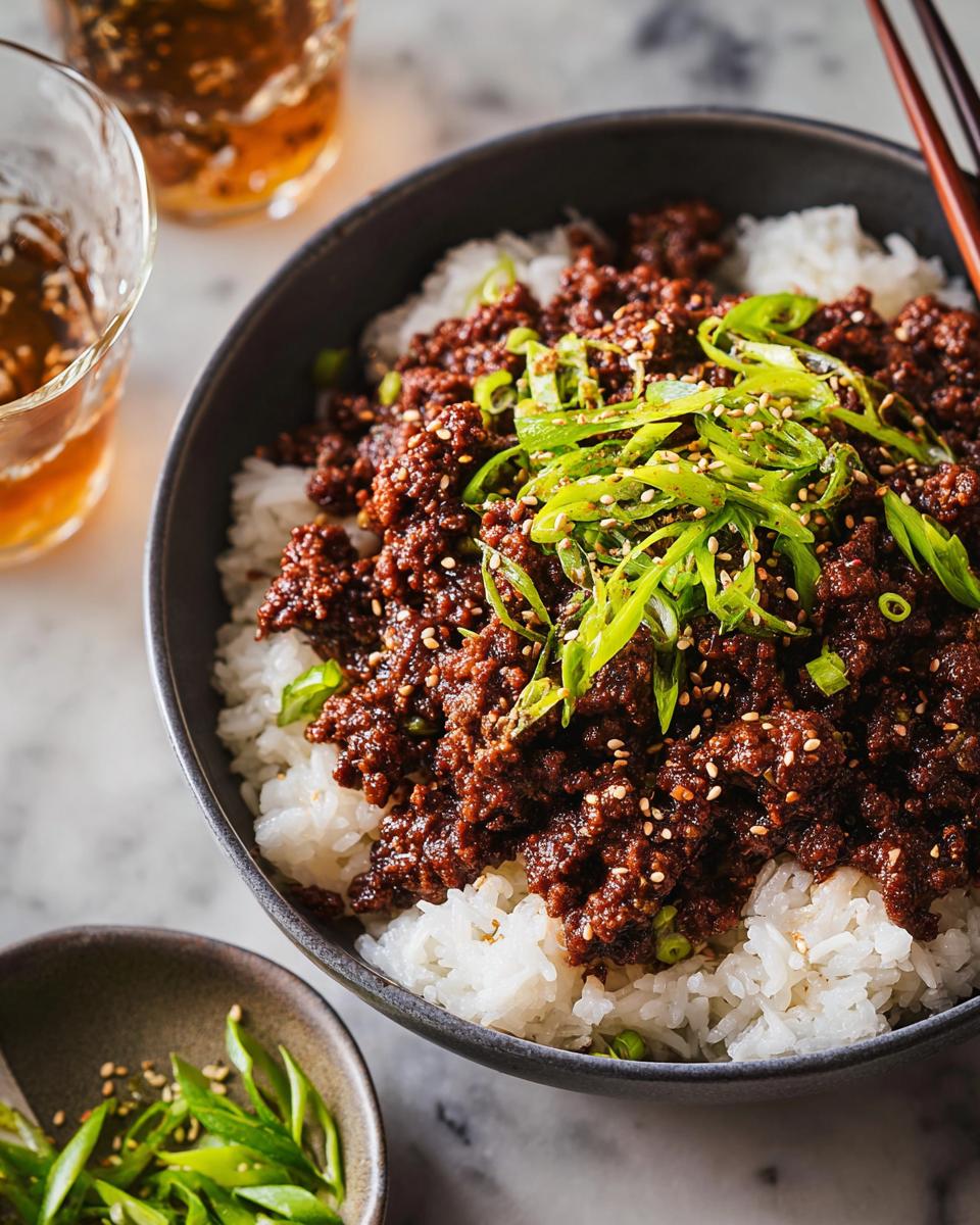 A close-up of a Korean Ground Beef Bowl, featuring seasoned ground beef over fluffy white rice, topped with green onions and sesame seeds.