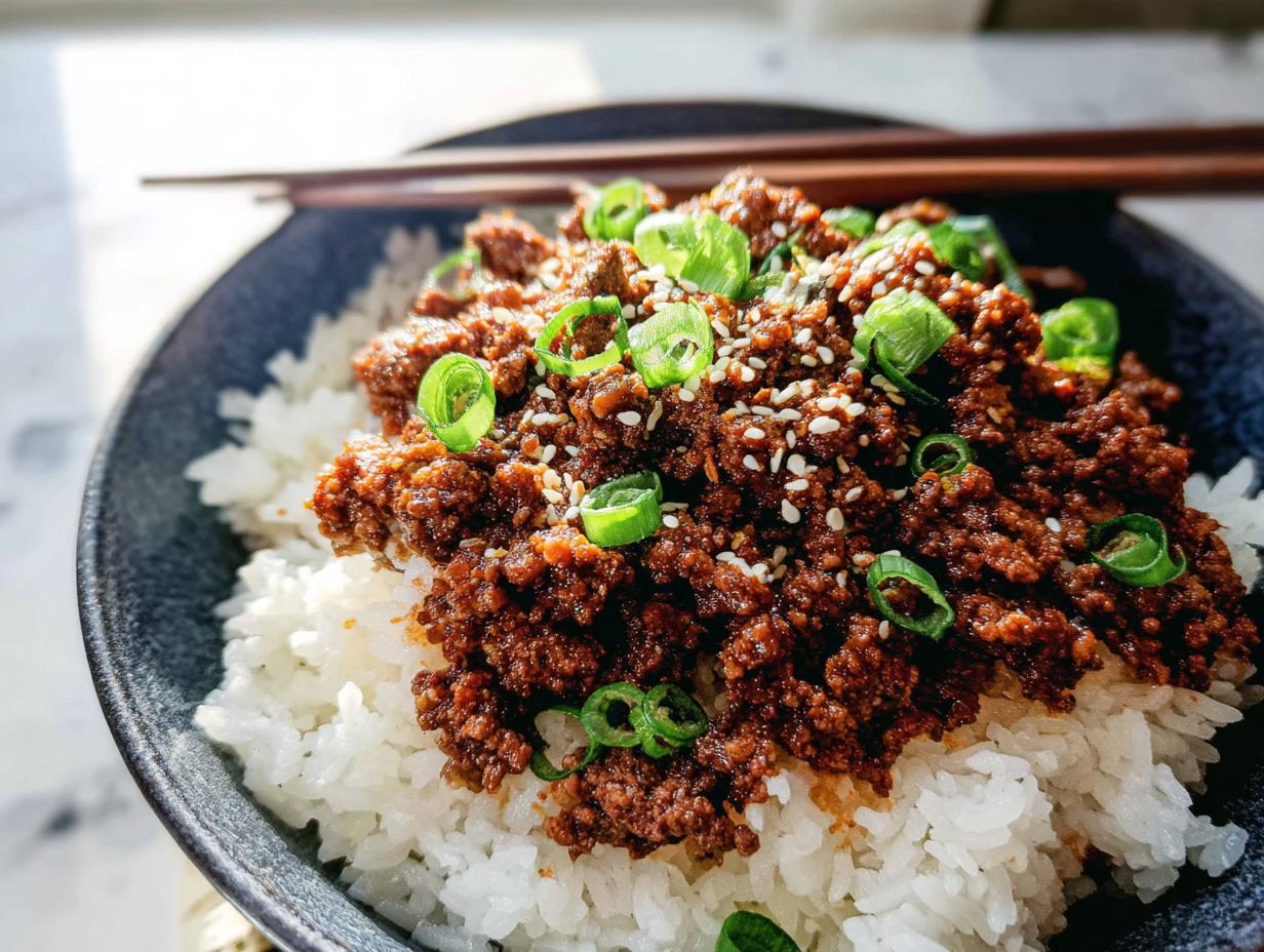 A close-up of a Korean Ground Beef Bowl, featuring seasoned ground beef over white rice, garnished with green onions and sesame seeds.