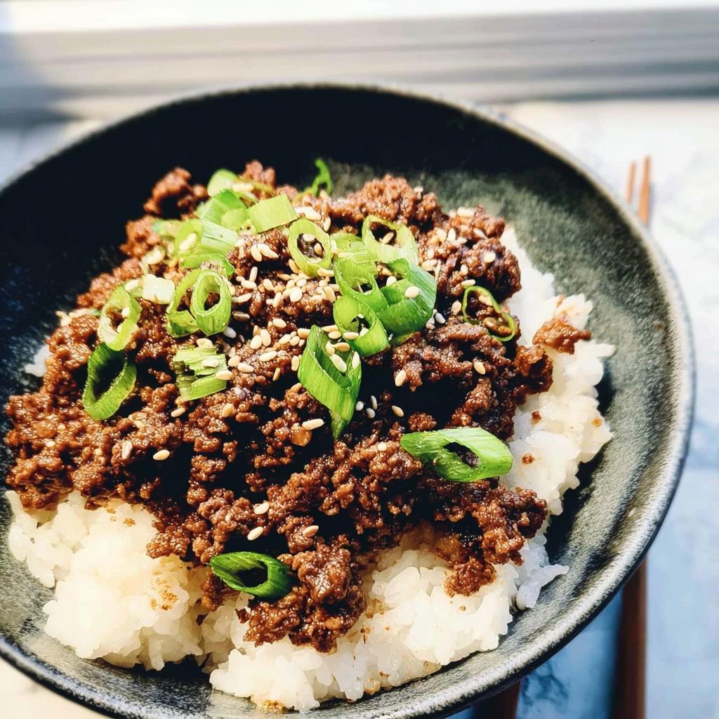 A close-up of a Korean Ground Beef Bowl, featuring seasoned ground beef over white rice, topped with sesame seeds and chopped green onions.