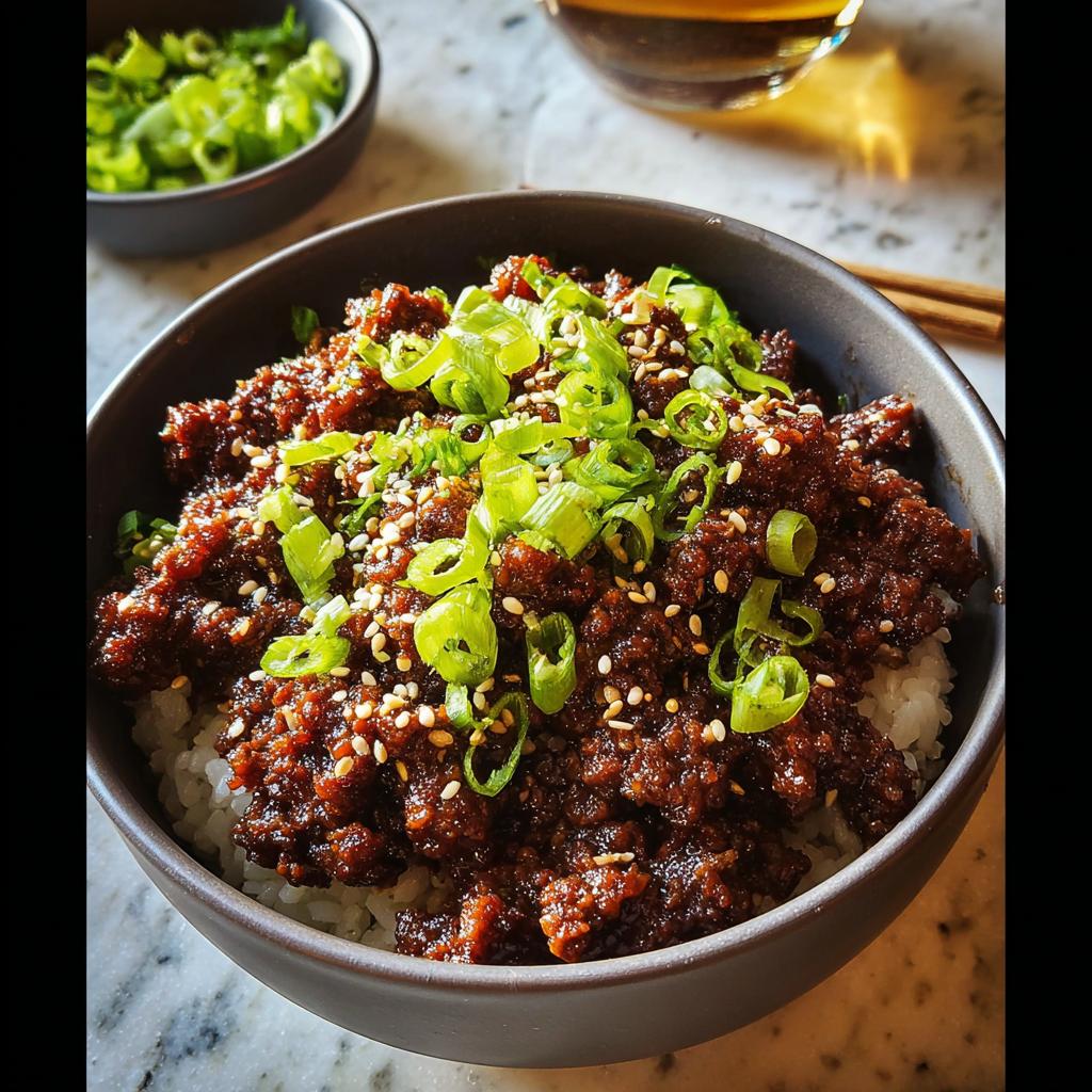 A close-up of a Korean Ground Beef Bowl served over white rice, topped with fresh scallions and sesame seeds.