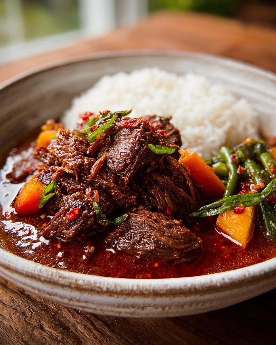 A close-up of a bowl filled with tender Korean Style Pot Roast, fluffy white rice, and vibrant vegetables.