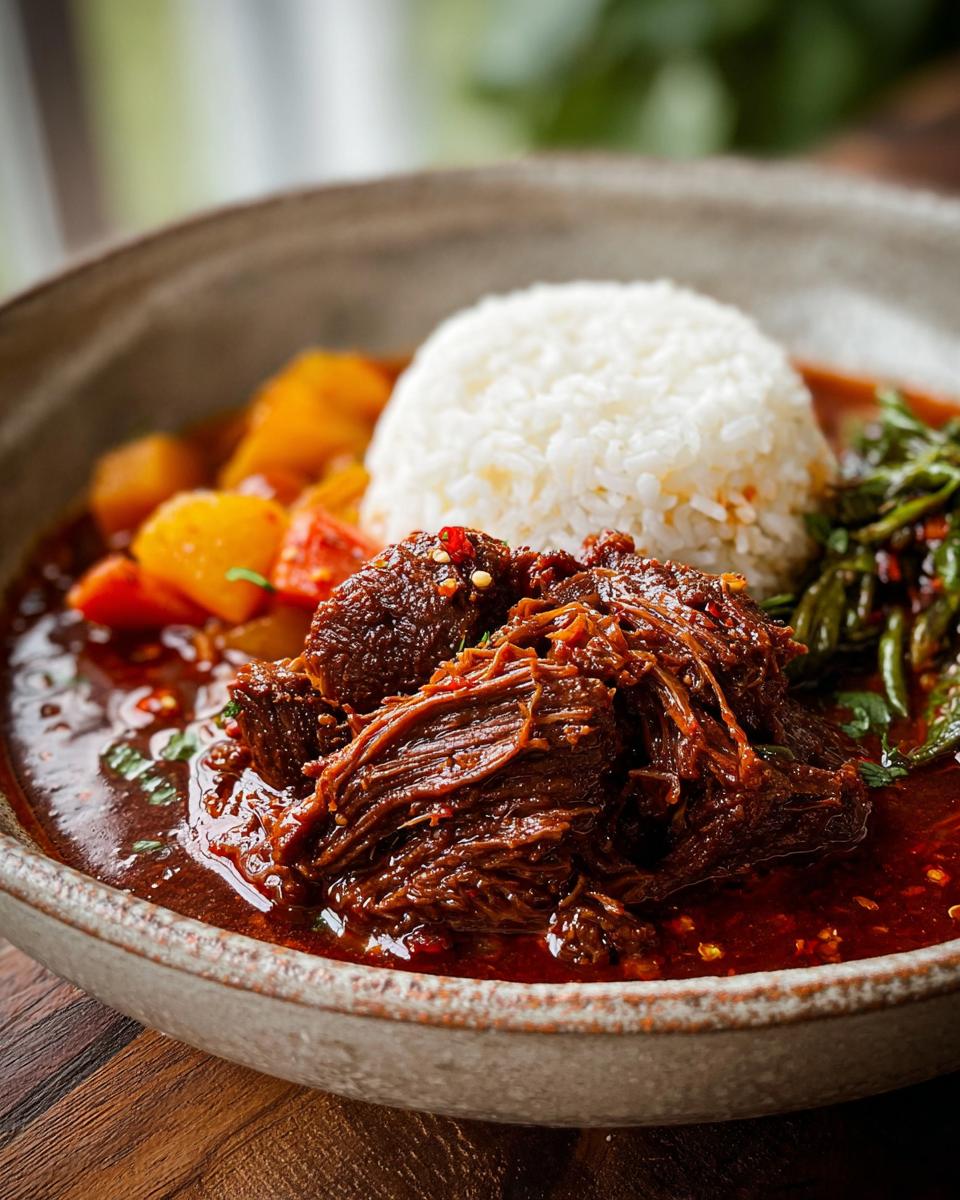 A close-up of a bowl filled with tender Korean Style Pot Roast, fluffy white rice, and vegetables in a rich sauce.
