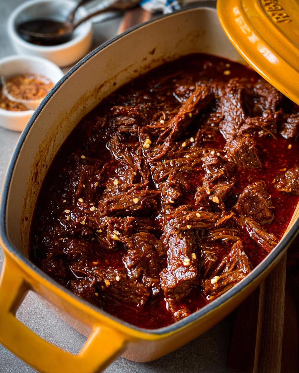A close-up of a yellow Dutch oven filled with shredded Korean Style Pot Roast in a rich, dark sauce.