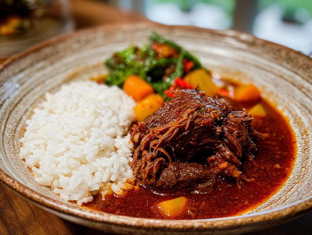 A close-up of a rich Korean Style Pot Roast served with fluffy white rice and vegetables in a rustic bowl.