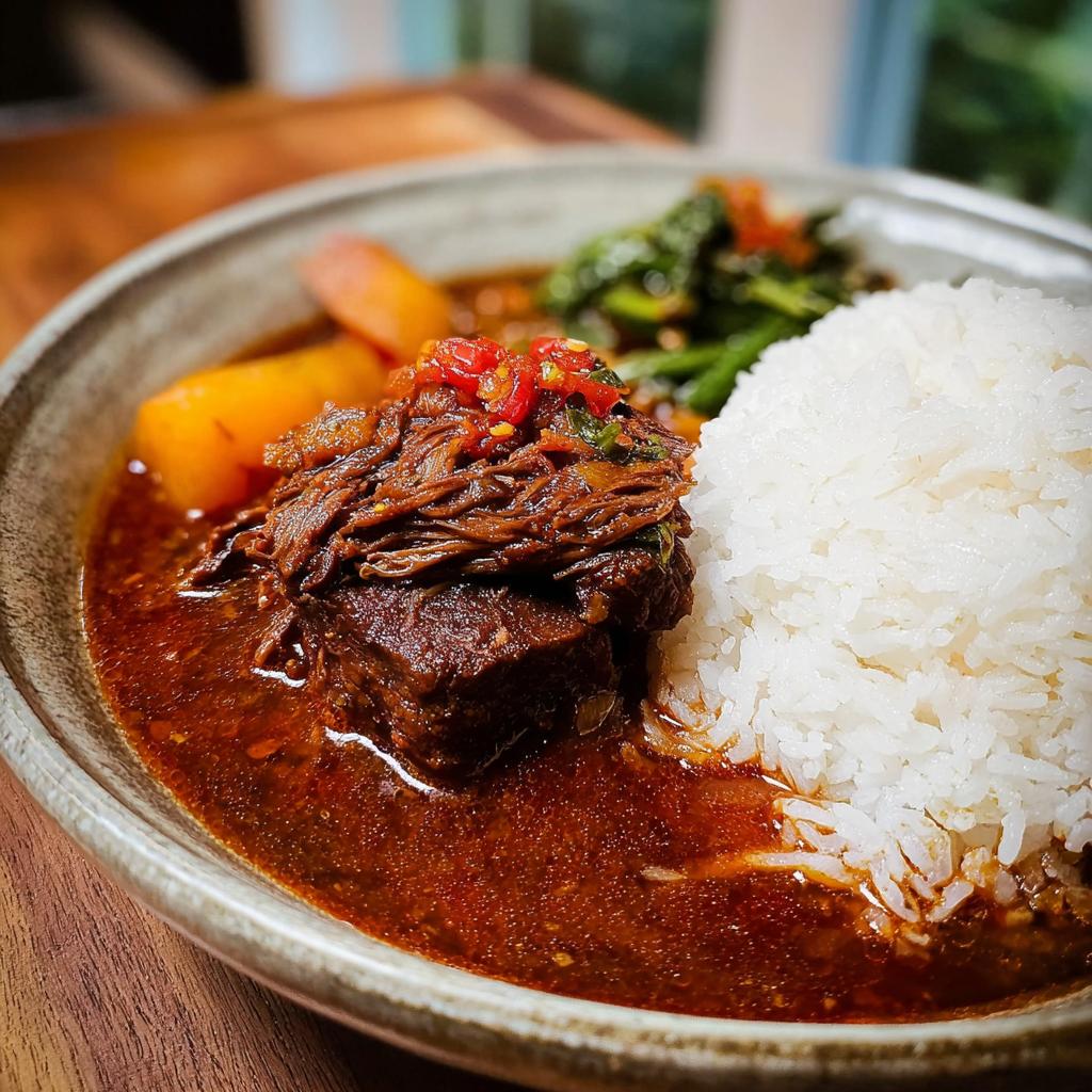A close-up of a delicious Korean Style Pot Roast served with fluffy white rice and vegetables.