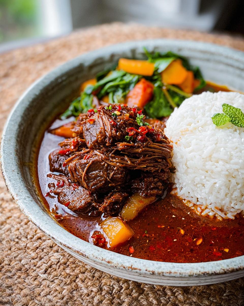 A close-up of a bowl filled with tender Korean Style Pot Roast, fluffy white rice, and steamed vegetables.