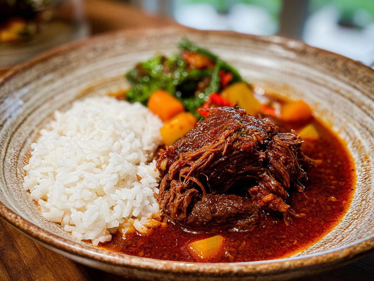 A close-up of a rich Korean Style Pot Roast served with fluffy white rice and vegetables in a rustic bowl.