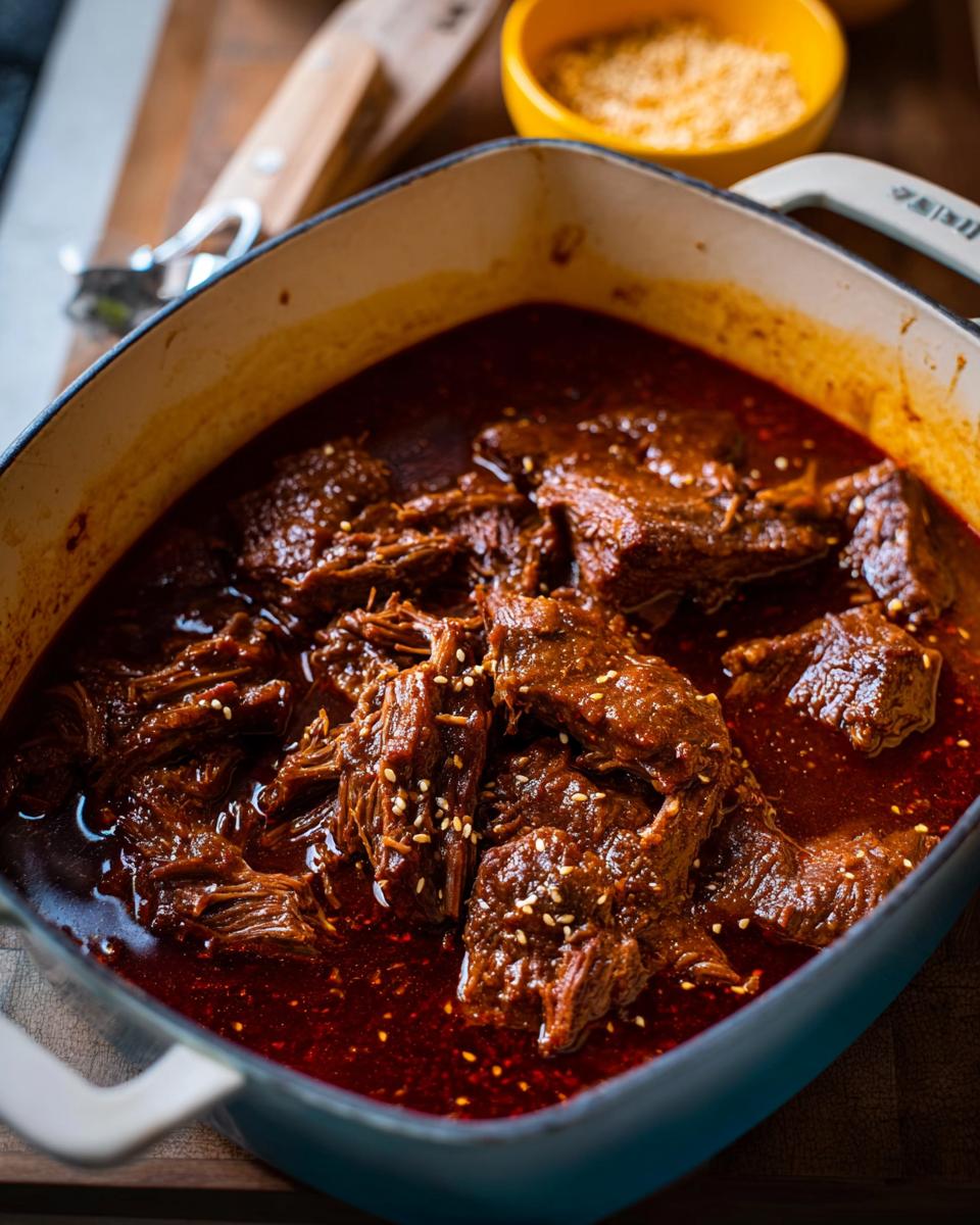 Close-up of tender Korean Style Pot Roast simmering in a rich, dark sauce, sprinkled with sesame seeds.