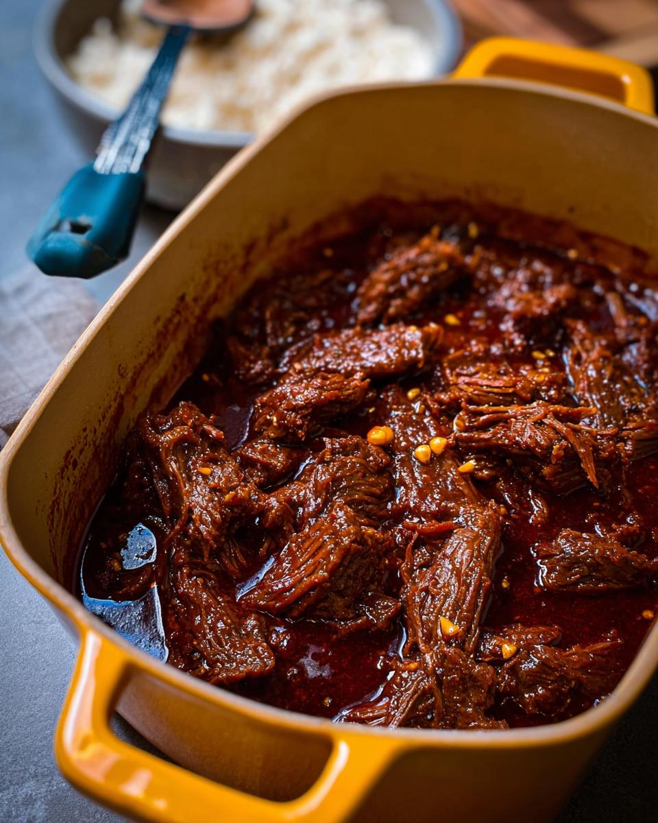 Close-up of shredded Korean Style Pot Roast in a rich, dark sauce, served in a yellow dish.