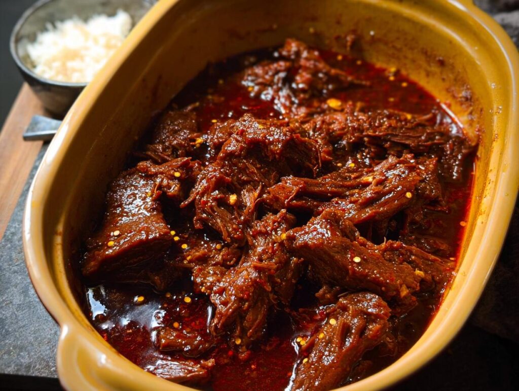 Close-up of a rich, dark sauce covering tender shredded Korean Style Pot Roast in a yellow ceramic dish.