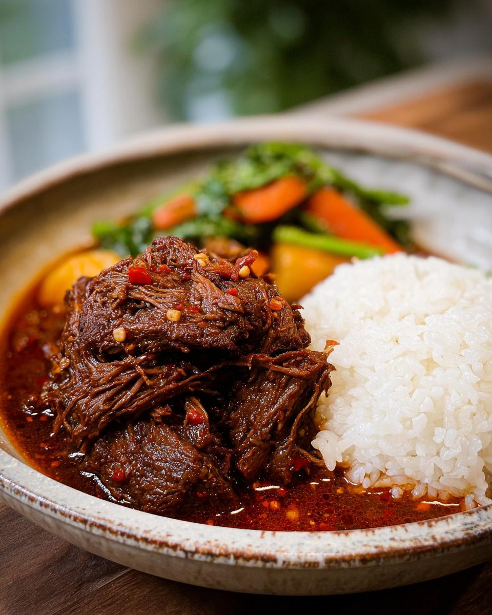 A close-up of a bowl of Korean Style Pot Roast, featuring shredded beef in a rich sauce, served with white rice and steamed vegetables.