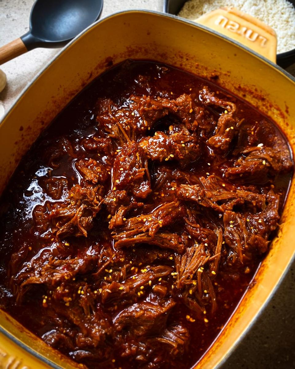 Close-up of shredded Korean Style Pot Roast glistening in a rich, dark sauce, sprinkled with sesame seeds.