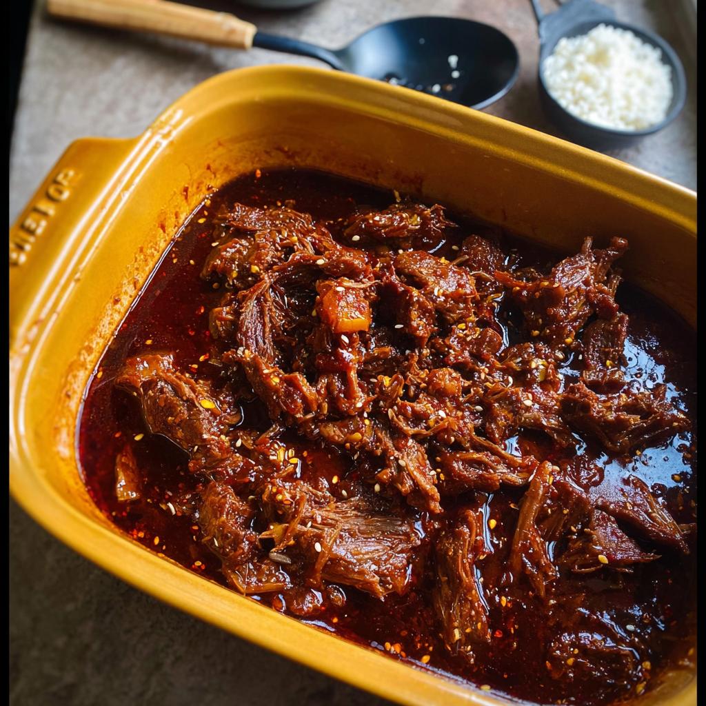 Close-up of tender Korean Style Pot Roast shredded and coated in a rich, dark sauce, sprinkled with sesame seeds.