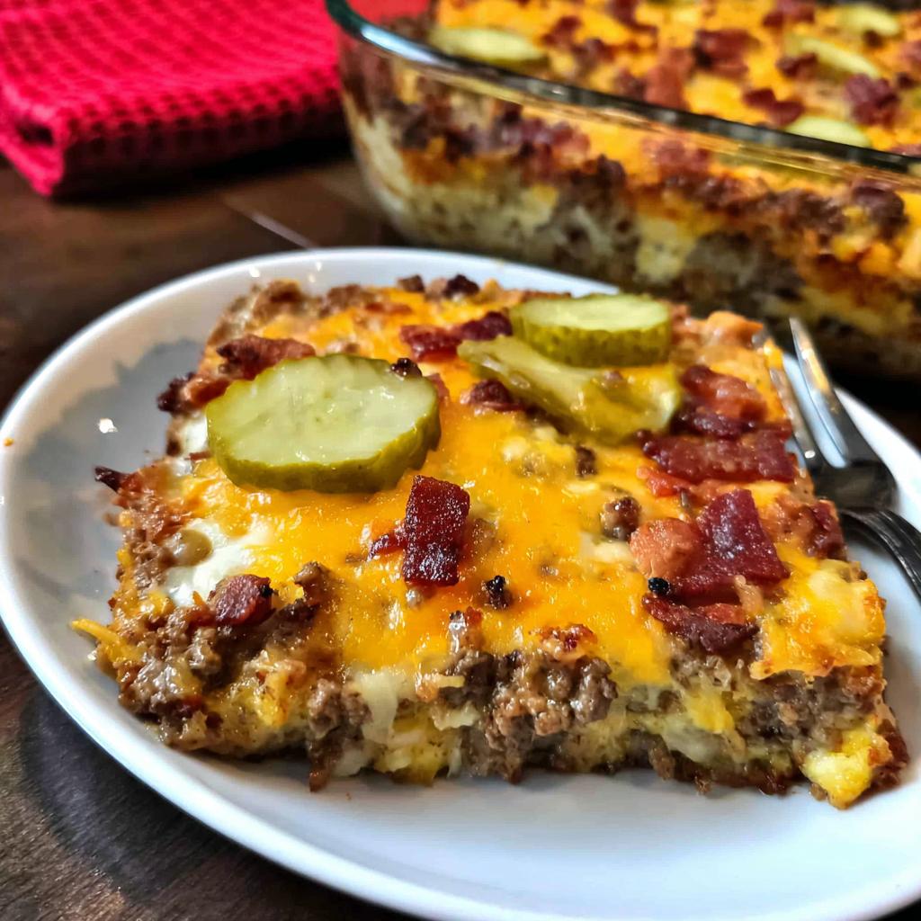 A delicious slice of Low-Carb Bacon Cheeseburger Casserole topped with pickles and bacon.