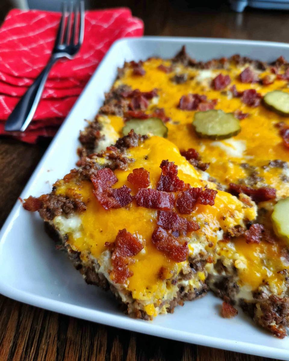 A slice of Low-Carb Bacon Cheeseburger Casserole topped with melted cheddar cheese, bacon bits, and pickles.