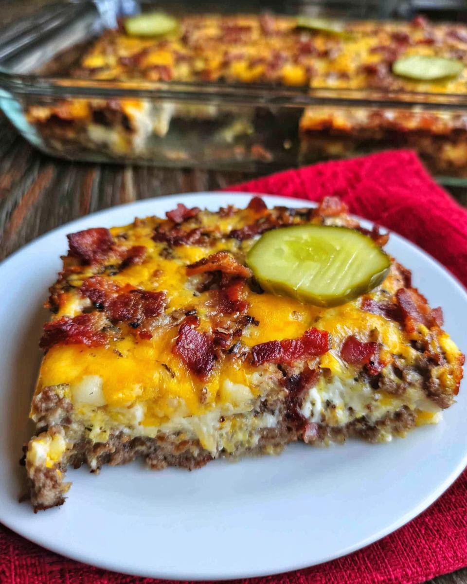 A slice of Low-Carb Bacon Cheeseburger Casserole topped with a pickle slice on a white plate.
