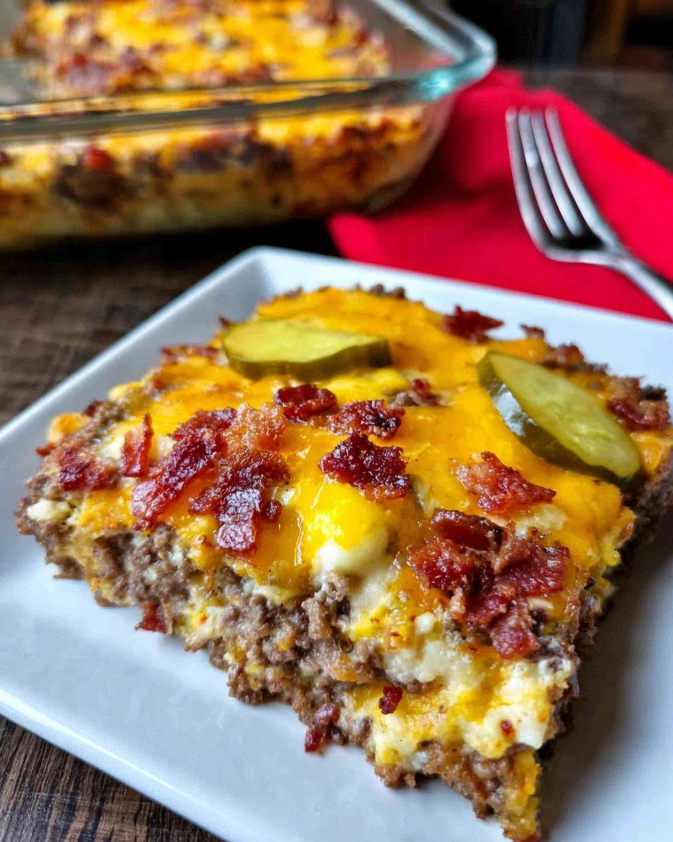 A delicious slice of Low-Carb Bacon Cheeseburger Casserole topped with melted cheese, bacon bits, and pickles.