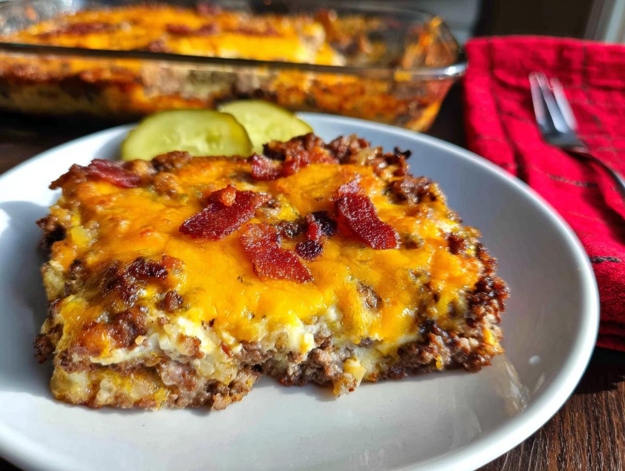 A slice of Low-Carb Bacon Cheeseburger Casserole topped with melted cheddar cheese and crispy bacon.