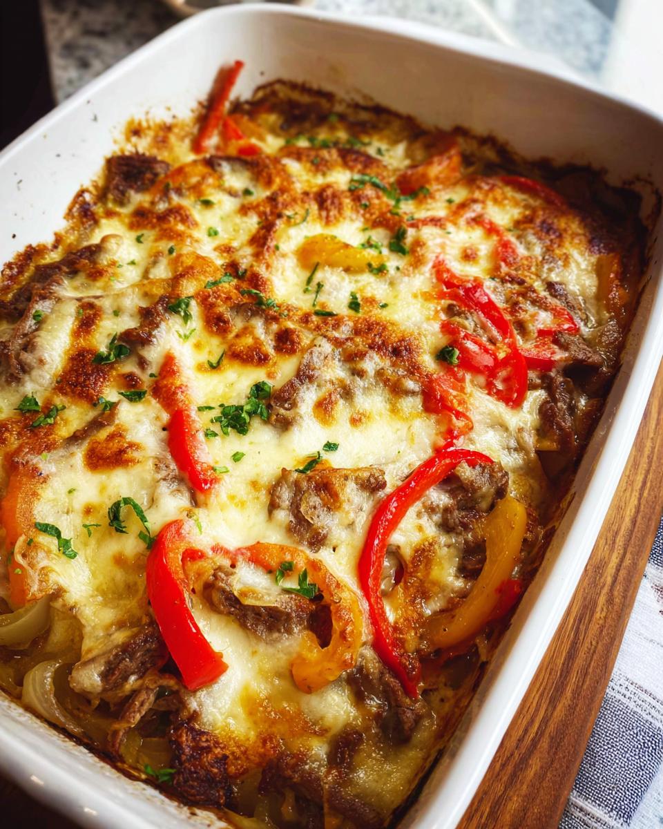 A close-up of a freshly baked Low Carb Philly Cheesesteak Casserole in a white baking dish, topped with melted cheese and bell peppers.