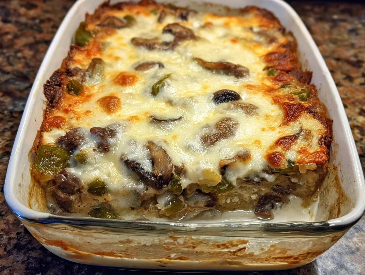 A baked Low Carb Philly Cheesesteak Casserole in a white dish, topped with melted cheese, peppers, and mushrooms.