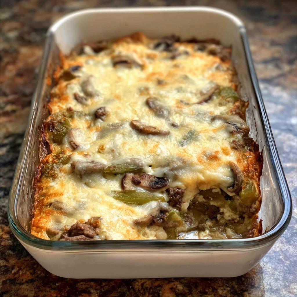 A freshly baked Low Carb Philly Cheesesteak Casserole in a glass baking dish, topped with melted cheese, mushrooms, and green peppers.