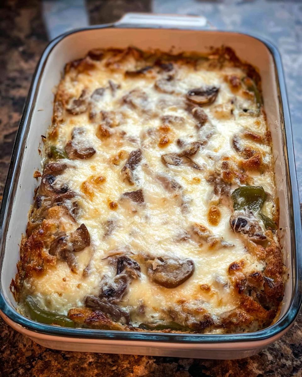A bubbly, golden-brown Low Carb Philly Cheesesteak Casserole with mushrooms and green peppers in a glass baking dish.