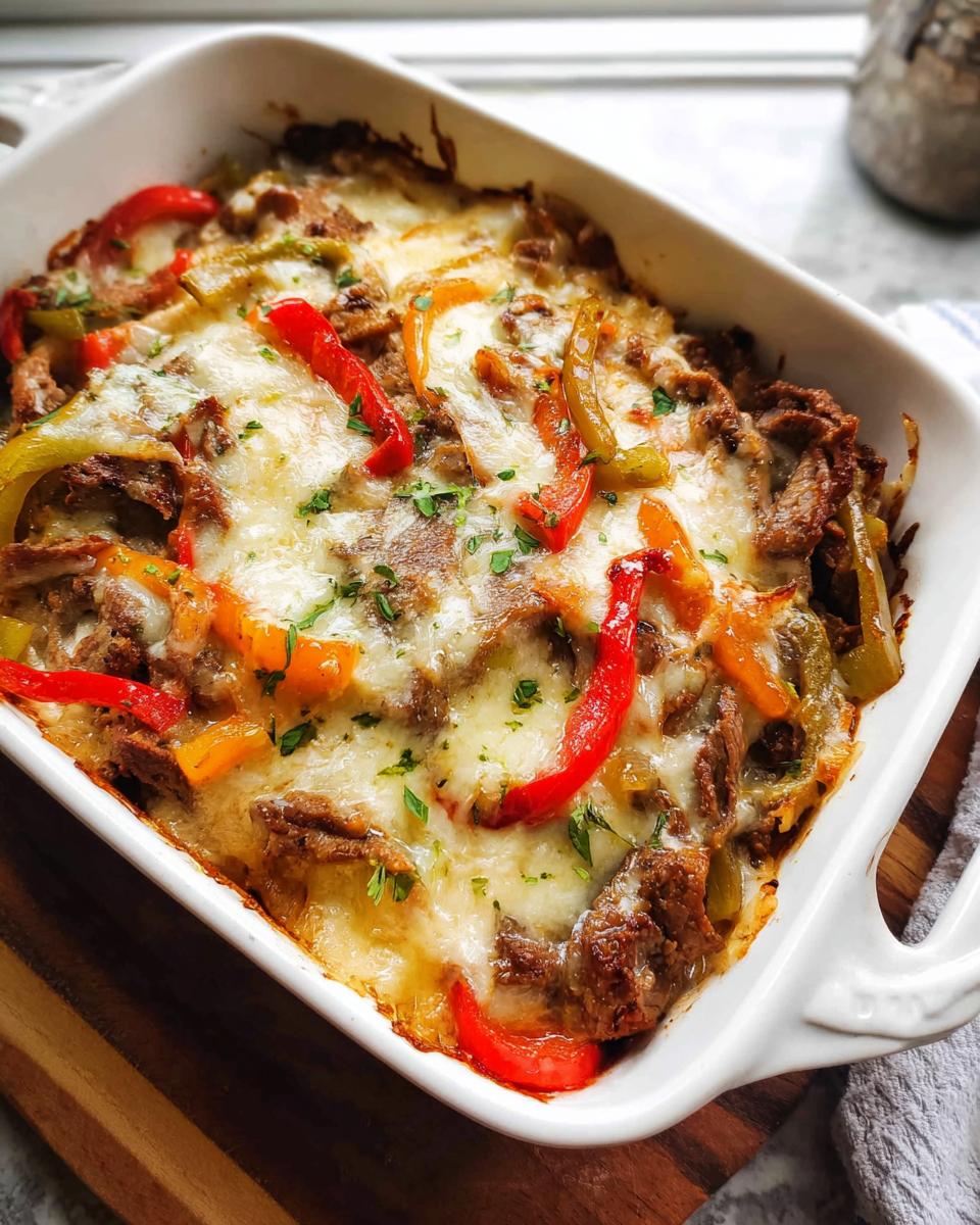 A close-up of a baked Low Carb Philly Cheesesteak Casserole topped with melted cheese and colorful bell peppers.