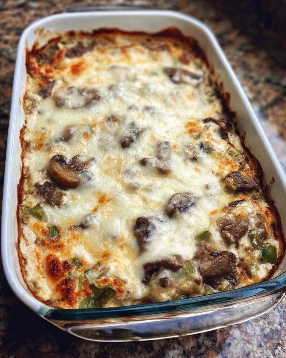 A close-up of a bubbling Low Carb Philly Cheesesteak Casserole topped with melted cheese, mushrooms, and green peppers.