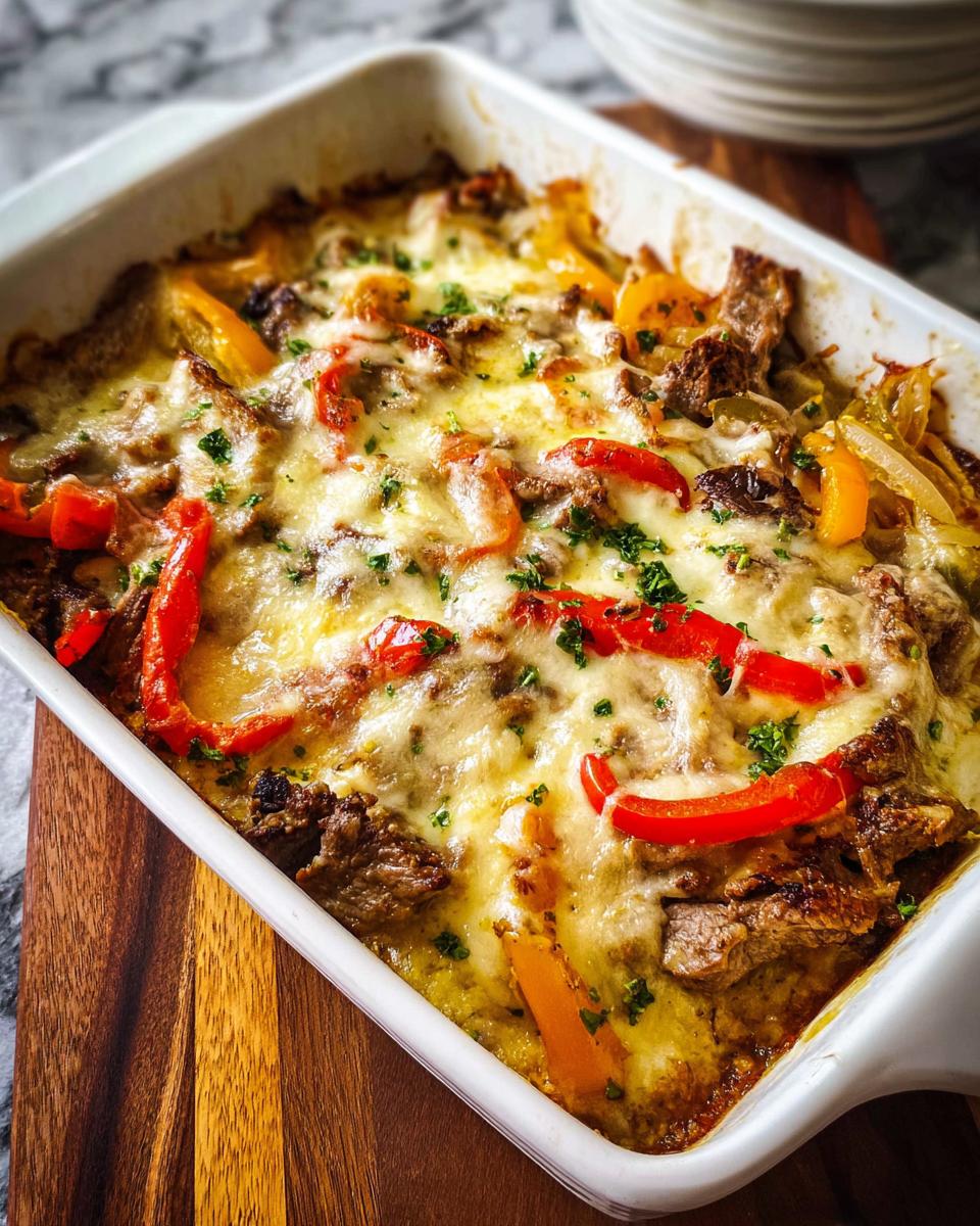 A close-up of a baked Low Carb Philly Cheesesteak Casserole, topped with melted cheese, sliced bell peppers, and parsley.