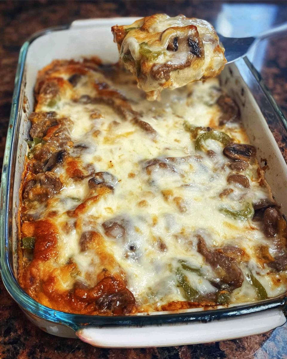 A serving spoon lifts a cheesy portion of Low Carb Philly Cheesesteak Casserole, revealing steak, mushrooms, and peppers.