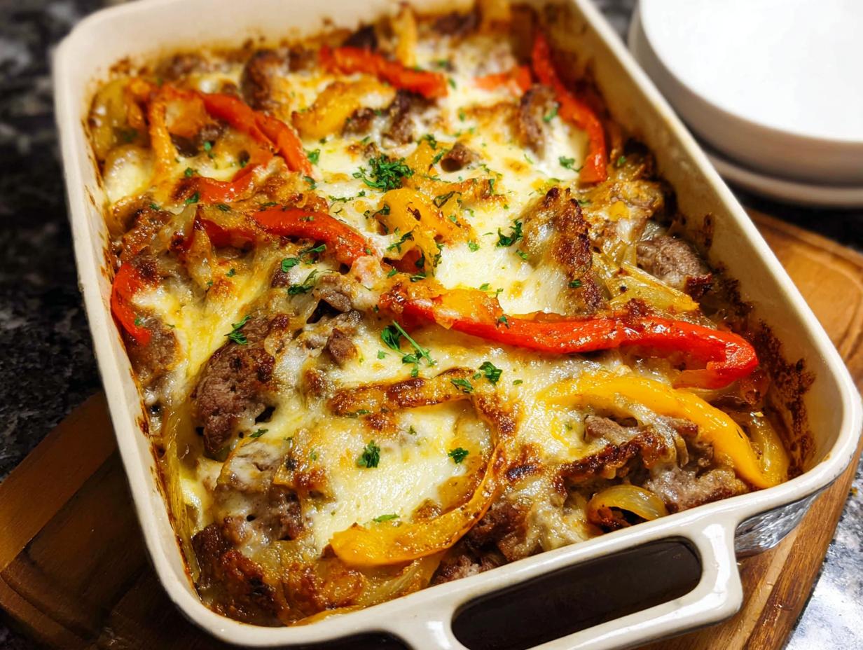 A baked Low Carb Philly Cheesesteak Casserole in a white baking dish, topped with melted cheese and bell peppers.