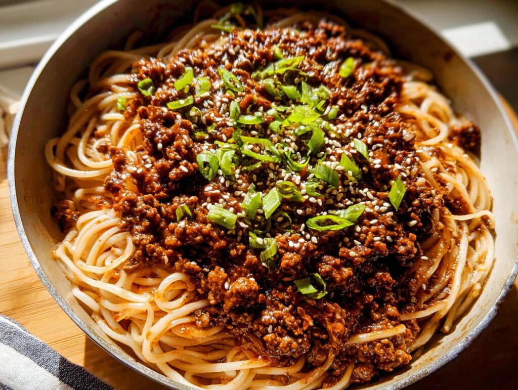 A close-up of Mongolian Ground Beef Noodles, topped with sesame seeds and green onions.