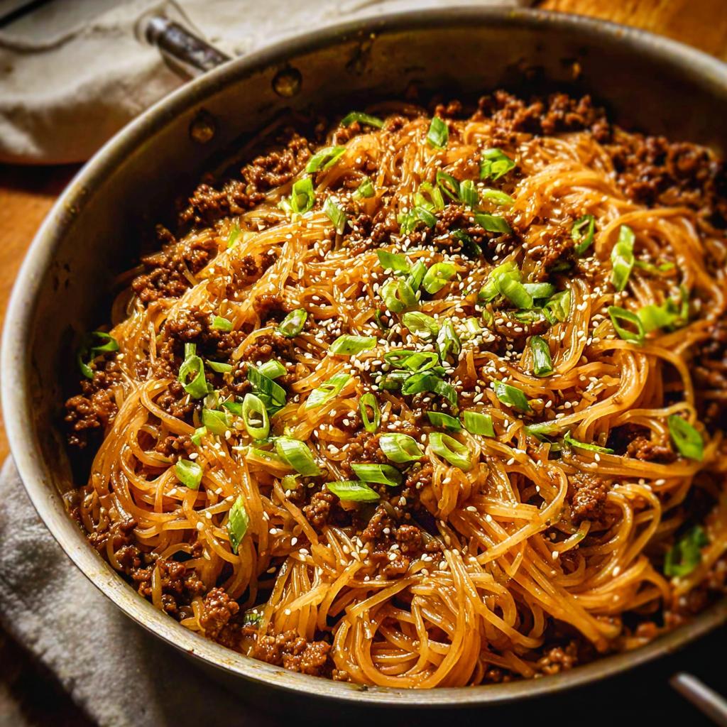 A close-up of Mongolian Ground Beef Noodles in a skillet, garnished with sesame seeds and green onions.