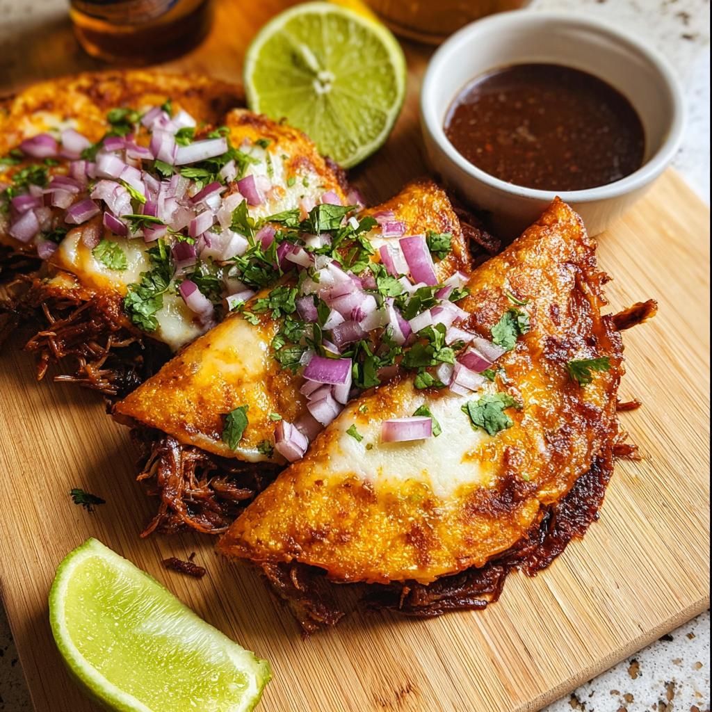 Close-up of My Fave Birria Tacos, topped with melted cheese, red onion, and cilantro, served with a side of consommé.