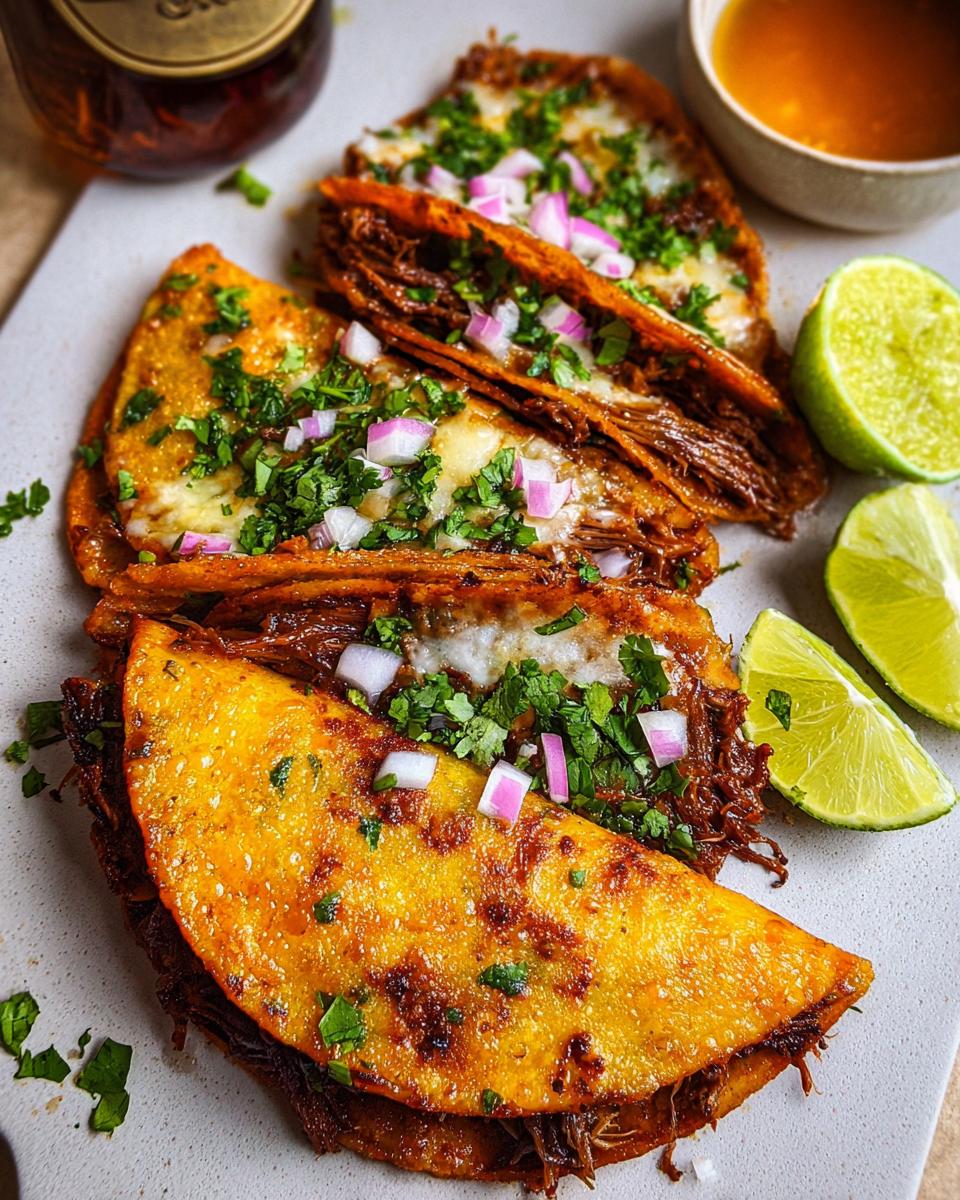 A close-up of My Fave Birria Tacos, featuring crispy tortillas filled with shredded beef, melted cheese, chopped onions, and cilantro.