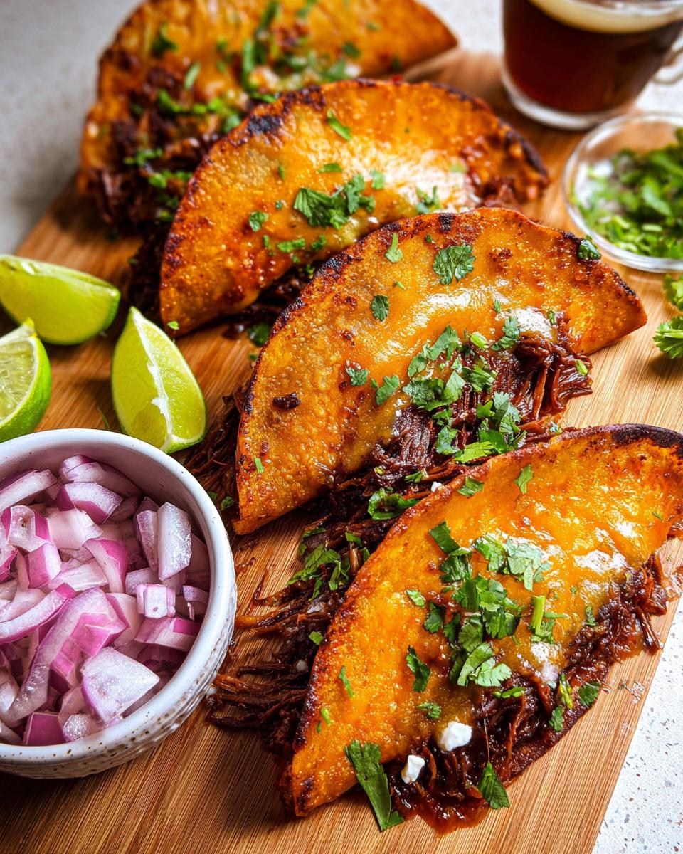 Close-up of delicious My Fave Birria Tacos served on a wooden board with lime wedges and chopped red onion.