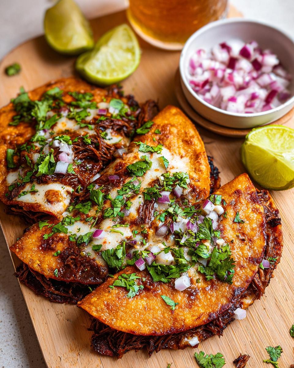 Close-up of My Fave Birria Tacos, topped with melted cheese, chopped red onion, and cilantro, served with lime wedges.