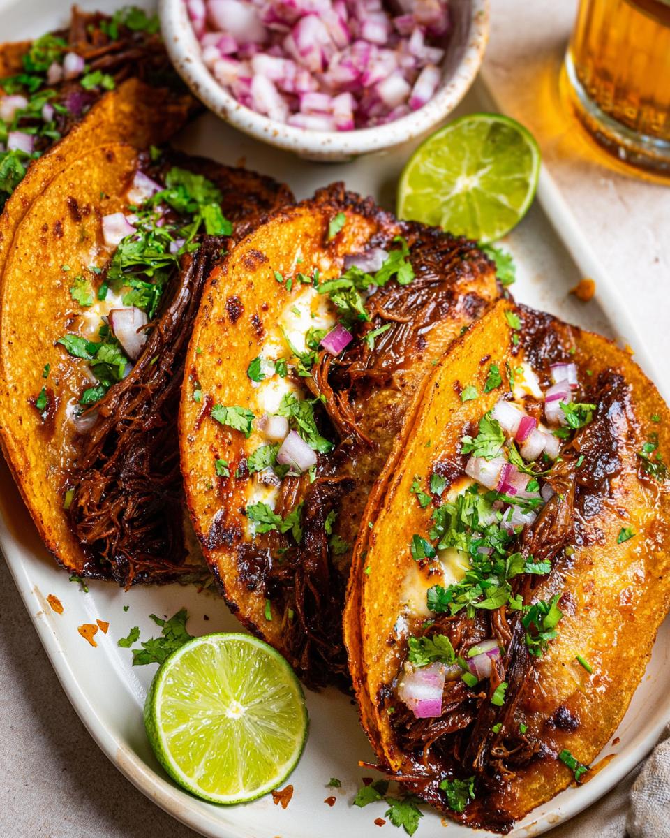 Close-up of My Fave Birria Tacos filled with shredded meat, topped with chopped red onion and cilantro, served with lime wedges.