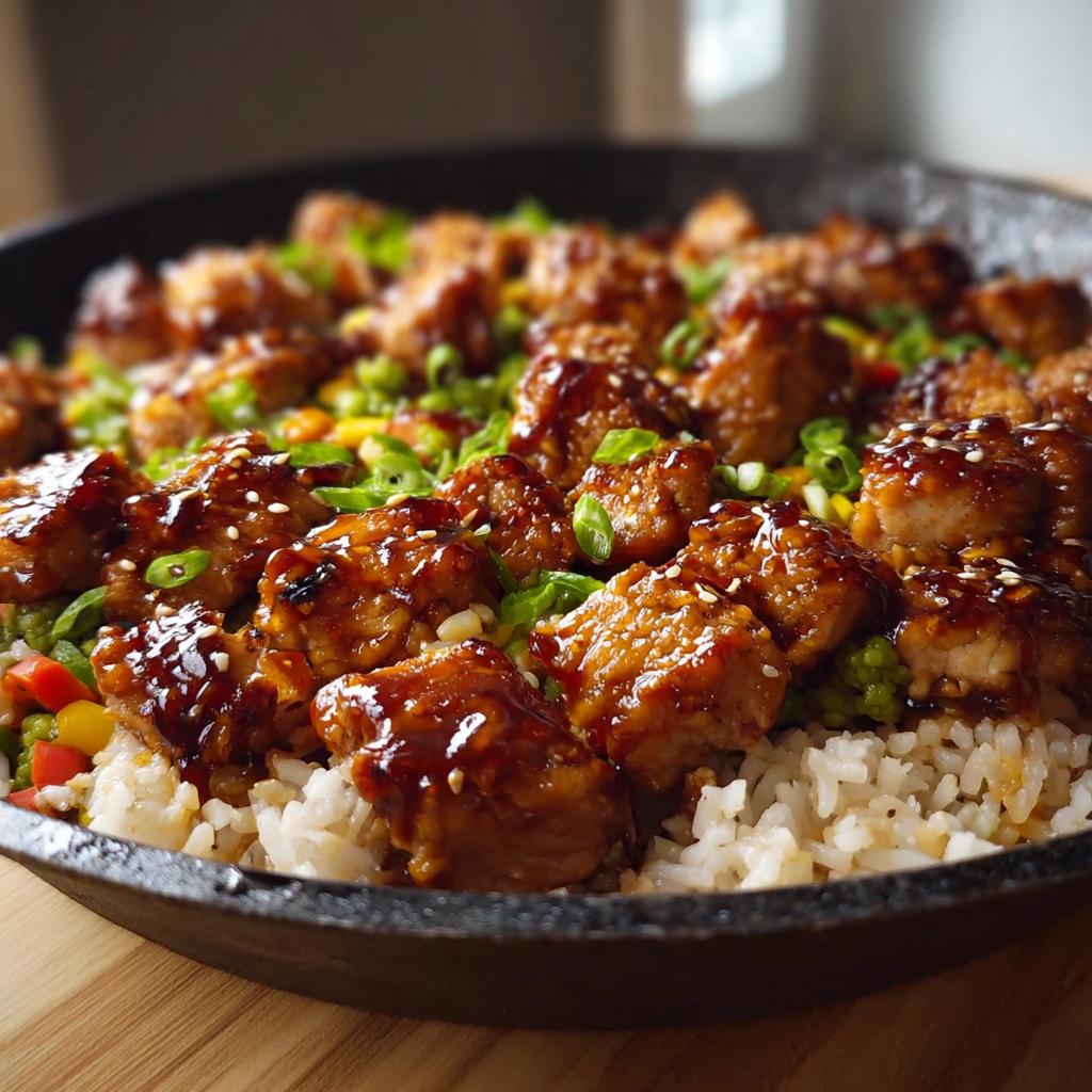 Close-up of a one-pan honey BBQ chicken rice dish, featuring glazed chicken pieces over rice and vegetables, garnished with sesame seeds and green onions.
